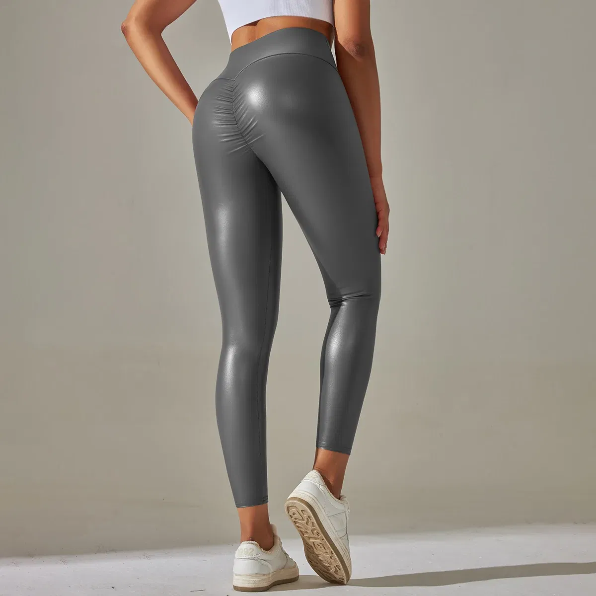 Color: Brown, Size: L - PU Leather Leggings Women Sexy Scrunch Butt Leggings Girls Faux Leather Pants High Waist Push Up Casual Leggings 6 Color
