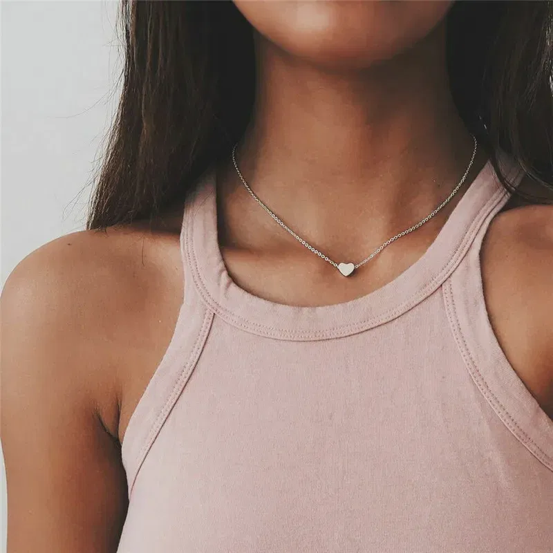 Metal Color: Steel color - Fashion Small Heart Pendant Necklaces for Women Party Exquisite Collar Chain Golden Silver Color Chokers Necklace Jewelry Gift