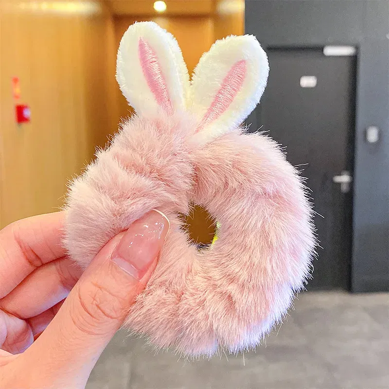 Color: Pink - Korean Plush Rabbit Ear Hair Scrunshies Autumn Winter Candy Color Cute Horsetail Ball Hair Rope High Elastic Rubber Band Girl