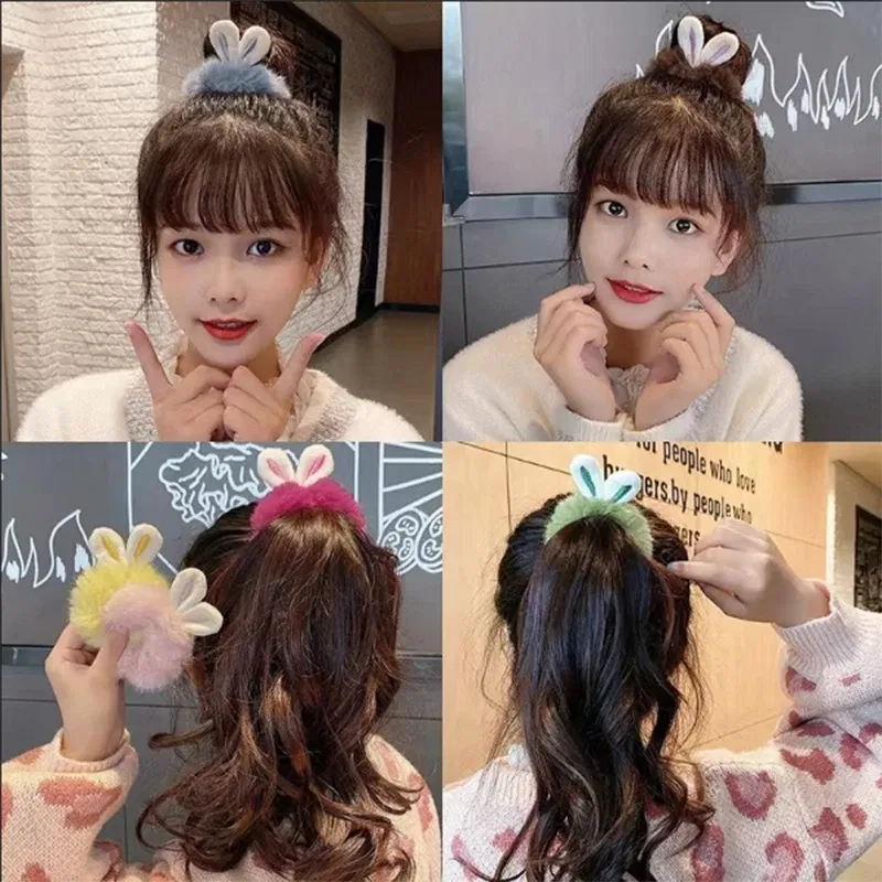 Color: Pink - Korean Plush Rabbit Ear Hair Scrunshies Autumn Winter Candy Color Cute Horsetail Ball Hair Rope High Elastic Rubber Band Girl