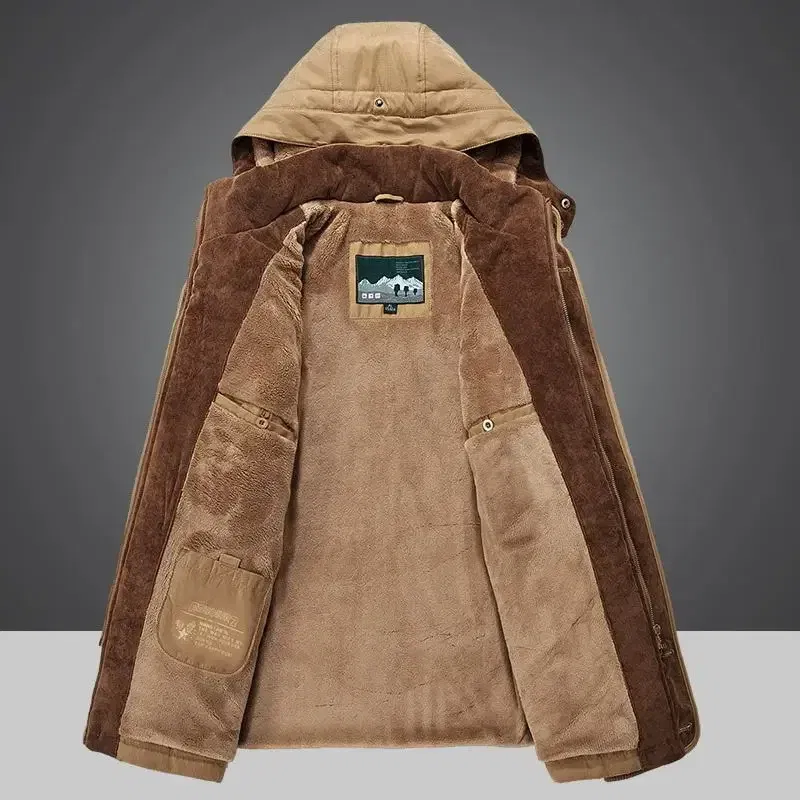 Parka Outdoor Men's Winter Jacket Plus Velvet Thick Warm Multi Pocket Jackets Solid Parkas Male Zipper Coat Large Size Clothing