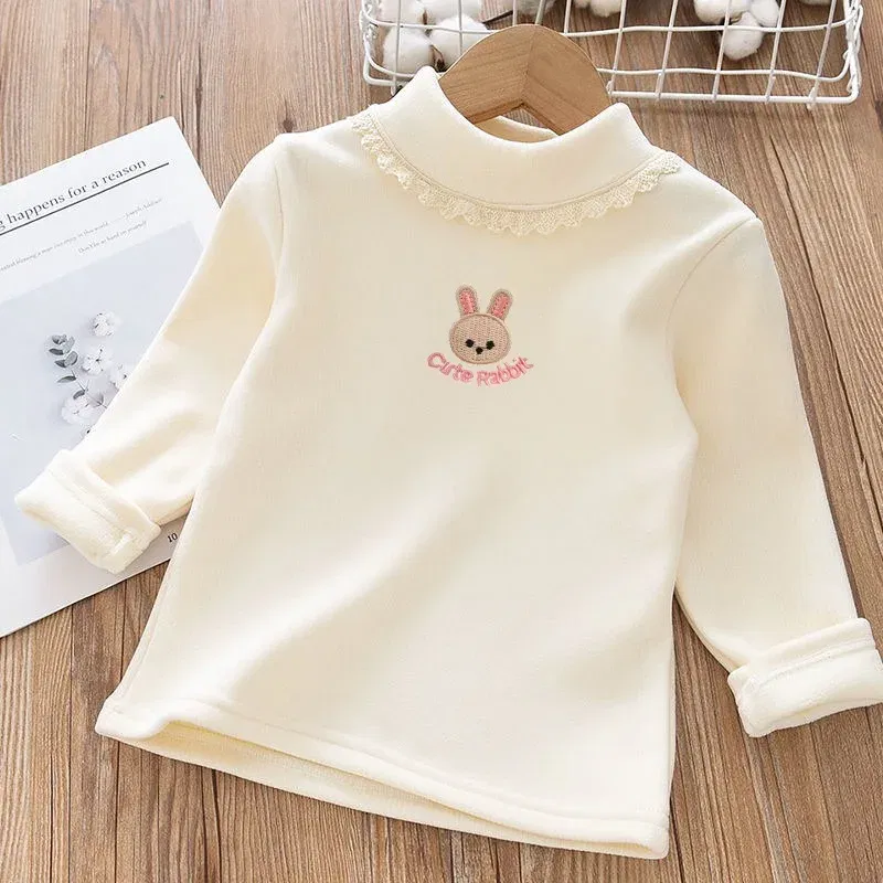 Color: Blue, Kid Size: 4 - 1pcs Children's T-Shirts Rabbit Embroidery Velvet warm top Kids Half High Collar Long Sleeve Base Shirt Girls Tshirts Clothes