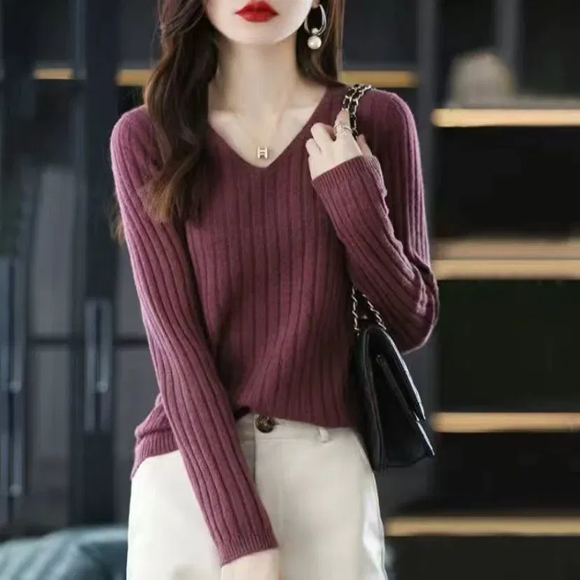 Color: Pink, Size: M - Women Sweater Long Sleeve Top Knitted Pullover V-Neck Fashion Sweater Woman Winter Basic Female Clothing Soild OL Sweater DF4933