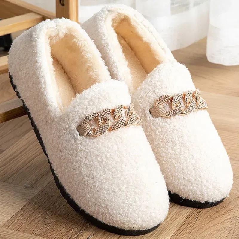 Color: Khaki, Shoe Size: 38 - Womens Slippers Warm Short Plush Lining House Shoes Moccassins Slip on Fashion Lady Flats Loafers Non Slip 2023