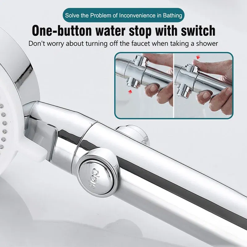 Color: Light green - High Pressure Shower Head 5 Modes Adjustable Showerheads with Hose Water Saving One-Key Stop Spray Nozzle Bathroom Accessories