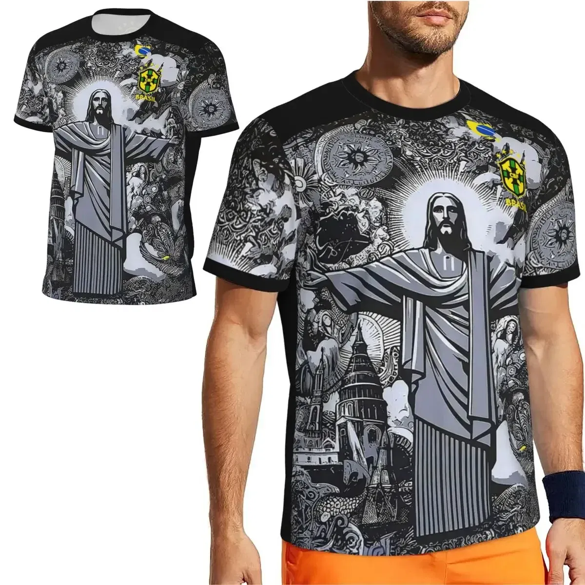 Color: black, Size: XL - 2024 Brazil Jesus Christ The Redeemer Special Edition Football Jerseys Breathable For Adult Children Soccer Traning Tops Shirts