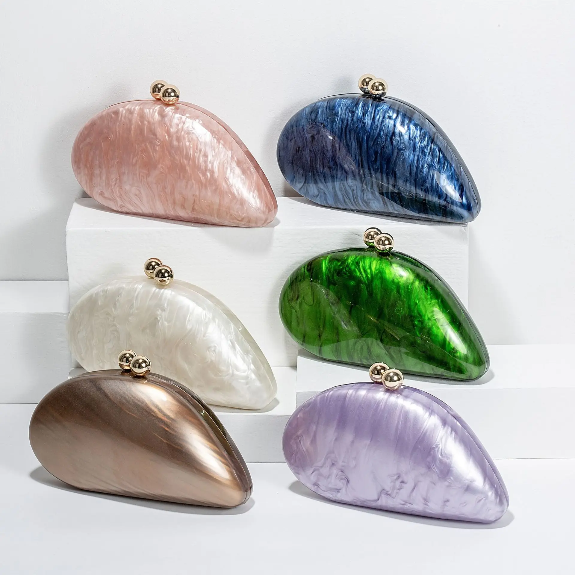 Color: Blue - 2024 New Hot Sale Acrylic Shell Shape Clutch Bag Women Designer Evening Party Cute Pearl Egg Purse Blue Handbag Wholesale
