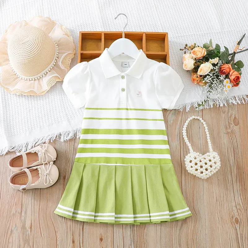 Color: army green, Kid Size: 5 - Girls' Fashion Polo Dress with Stripes Kids Elegant Puffed Sleeves Clothes Baby Girls Summer Dresses