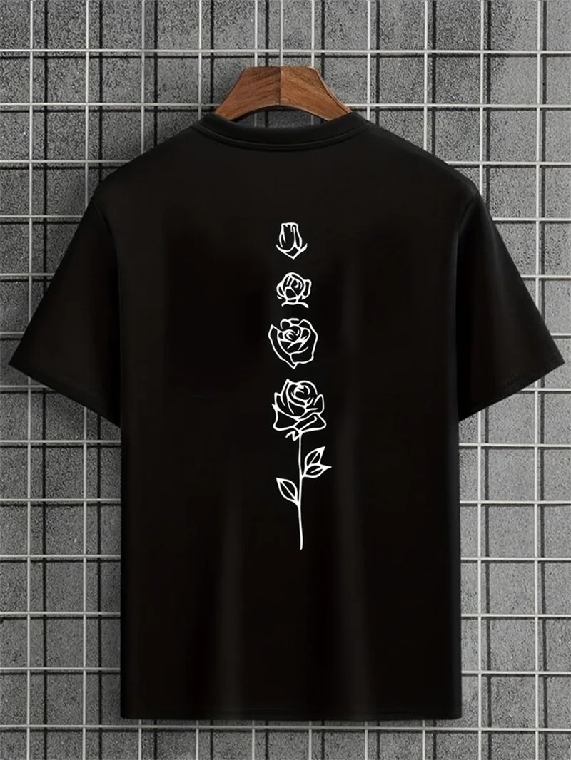 Color: Khaki, Size: L - Men's Summer Loose Fit 100 Cotton Rose pattern Print T-shirt Tops