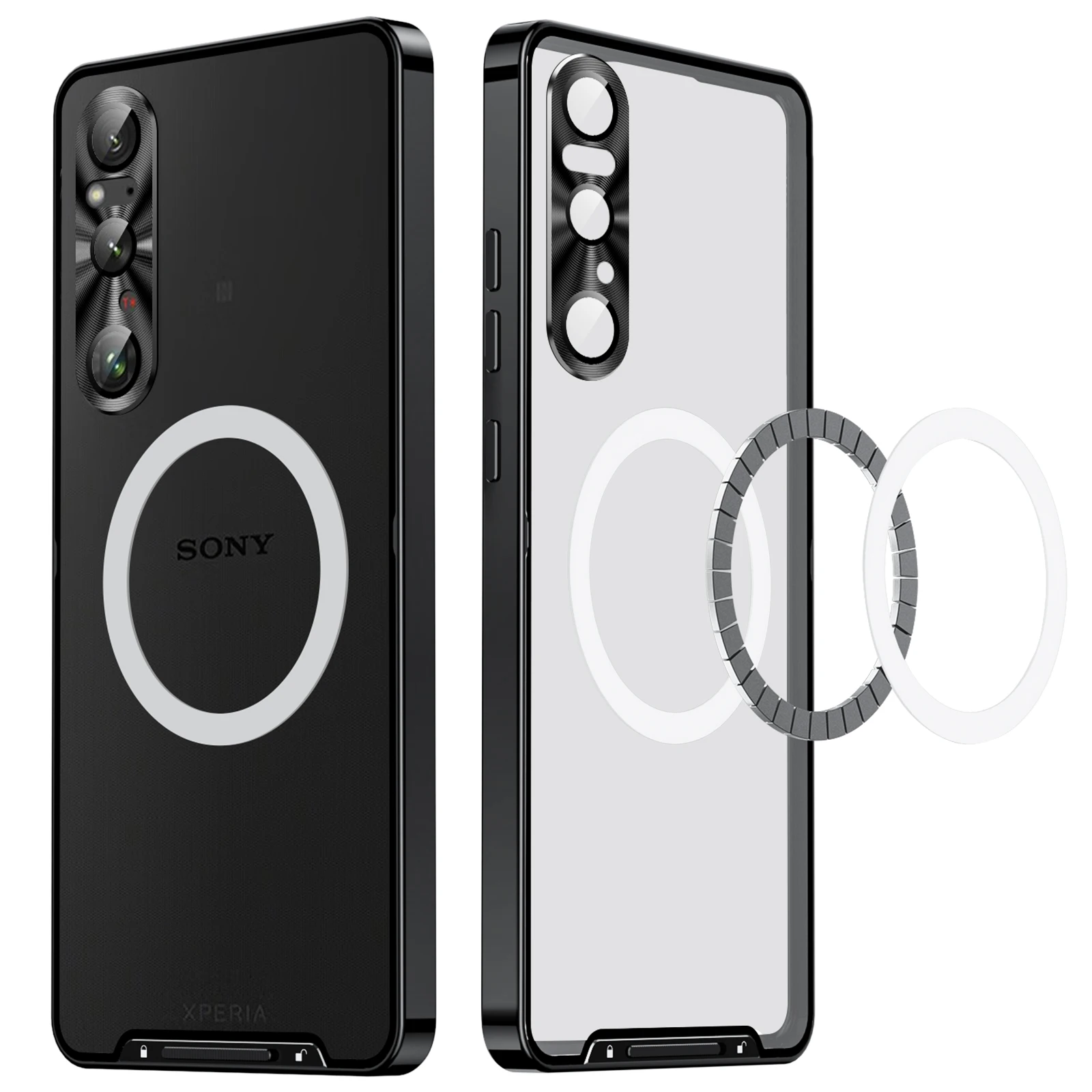 Color: black, Material: aluminum - Metal Alloy Magnetic Case For Sony Xperia 1 V 10 IV iii 5 V Aluminum Bumper Frame Clear Transparent Wireless Charger Cover