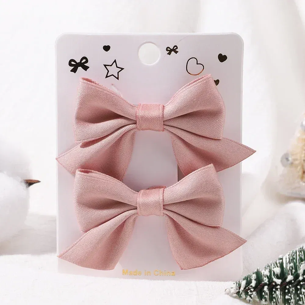 Color: Champagne - 2Pcs/Set Solid Color Kids Bows Hair Clips for Baby Girls Handmade Plaid Bowknot Hairpin Barrettes Photograph Hair Accessories