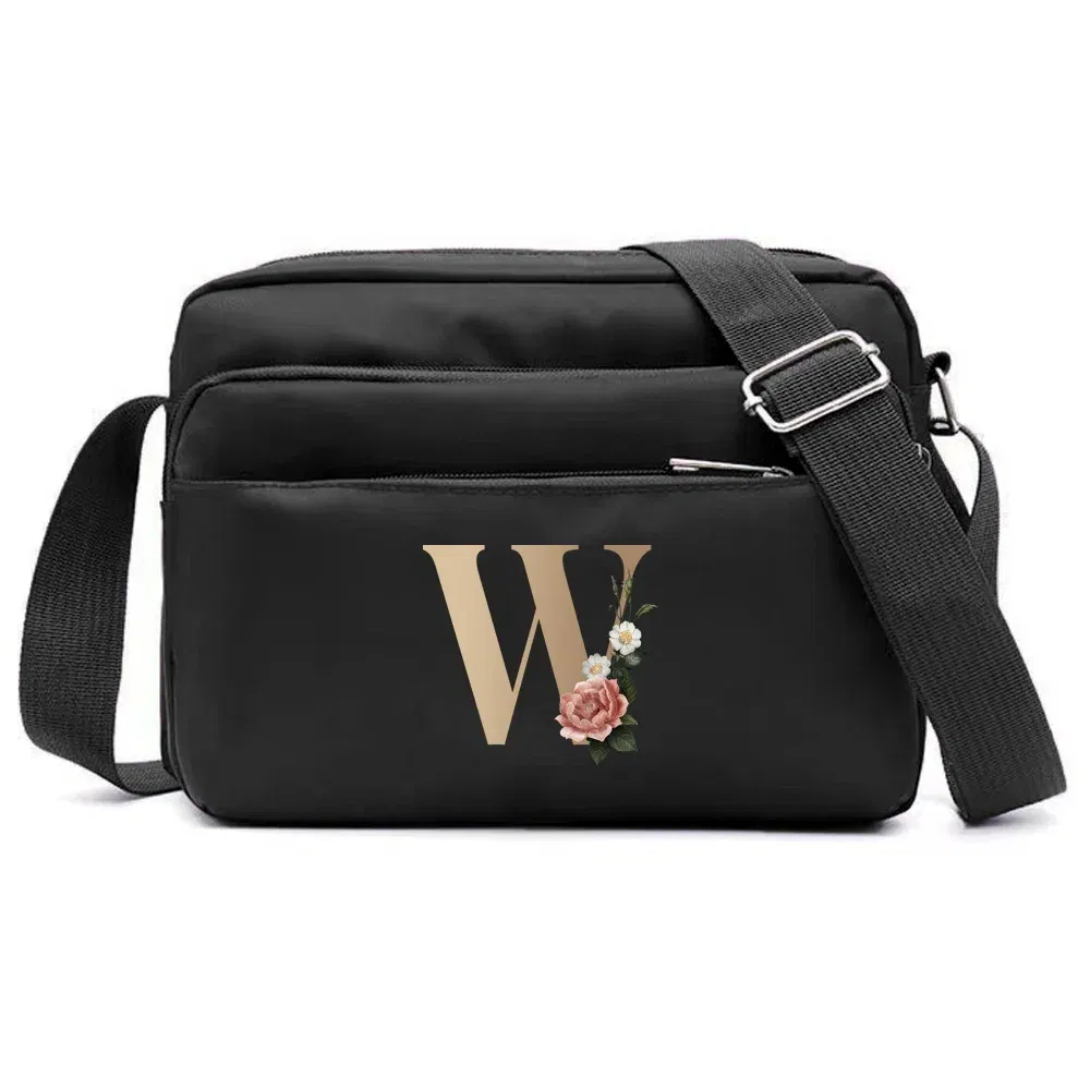 Color: light green - New Fashion Multi-layer Travel Leisure Simple Storage Bag Black Gold Letter Series Printing Pattern One Shoulder Crossbody Bag