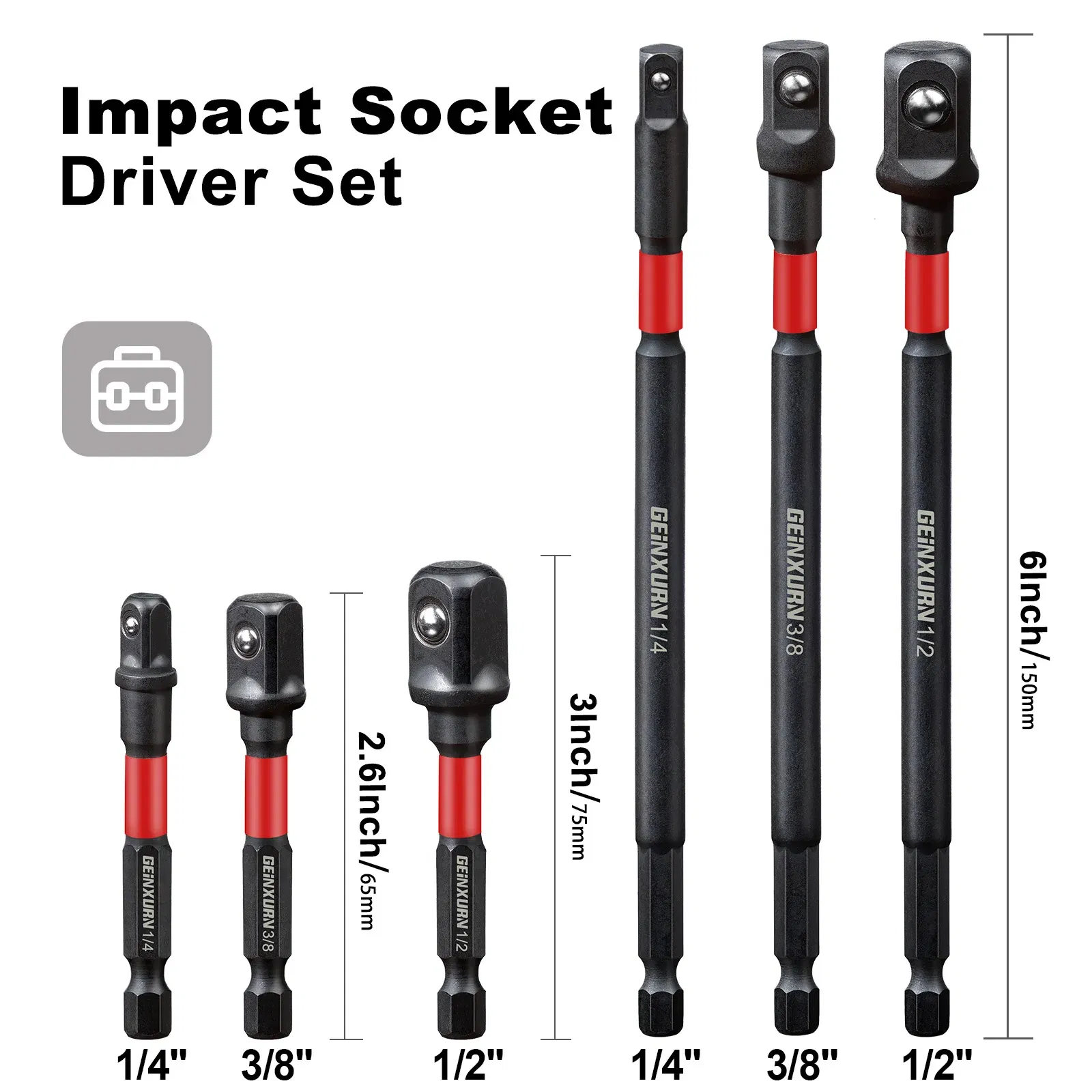 Color: Brown - Geinxurn Impact Socket Adapter Set,1/4"3/8"and1/2"Drive,Extension Bit with Holder,Adapt Power Drill to High Torque Impact Wrench