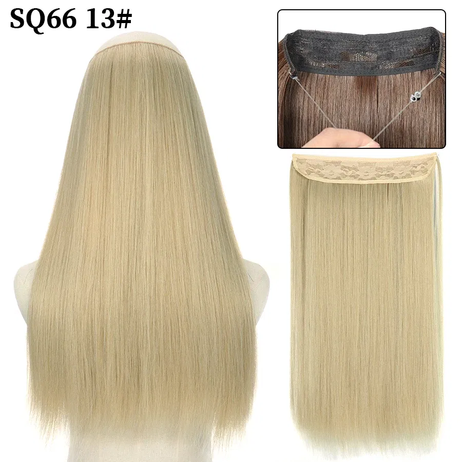 Color: NC/4HL, Stretched Length: 16inches, Ships From: CHINA - Synthetic Natural Wavy No Clip Fish Line Invisible Hair Extensions Mixed Color Blonde Black Artificial False Hair Piece ForWomen