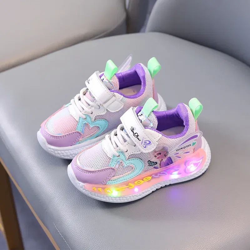 Color: PURPLE, Shoe Size: 15 - Disney Children Led Shoes Kids Girls Sneakers Frozen Elsa Princess Lighting Shoes Pink Purple Casual Sports Shoes Size 21-31
