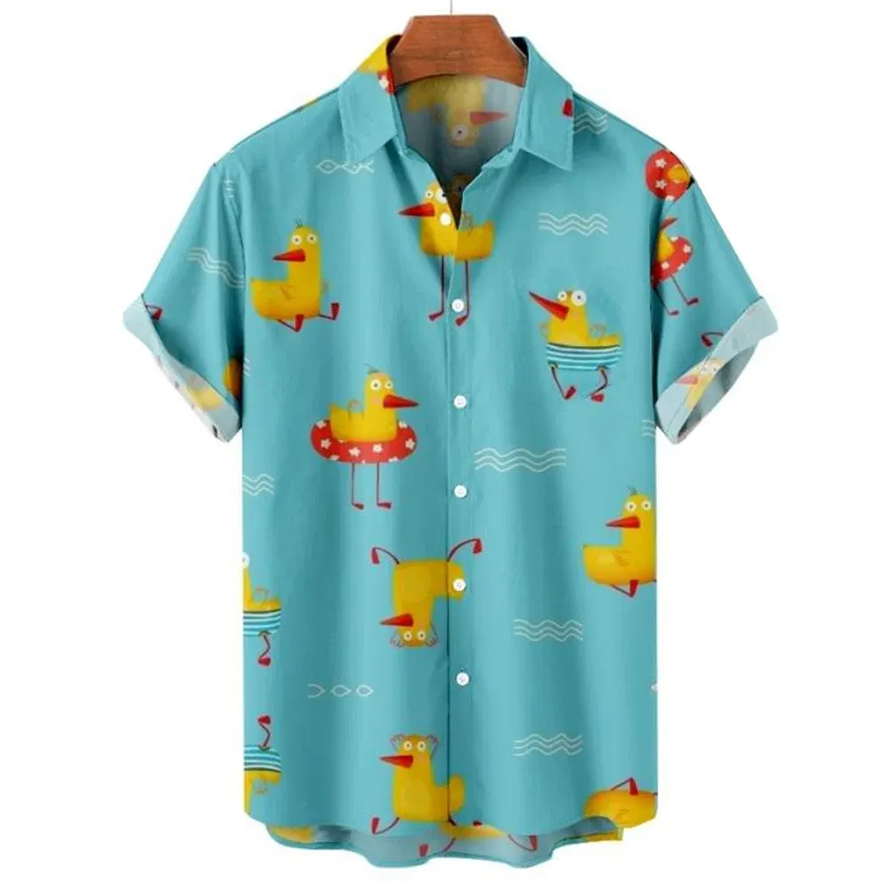 Color: Khaki, Size: XL - Duck 3d Print Shirts Men Fashion Hawaiian Shirt Short Sleeve Casual Beach Shirts Boys Single-Breasted Blouse Men's Clothing