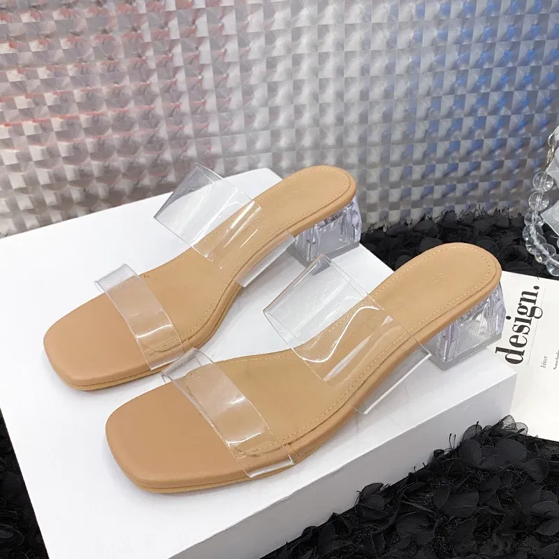Color: Khaki, Shoe Size: 41 - Summer New Transparent Sexy Square Head Open Toe Outwear Women Large Comfortable High Heel Sandals and Slippers Single Shoe