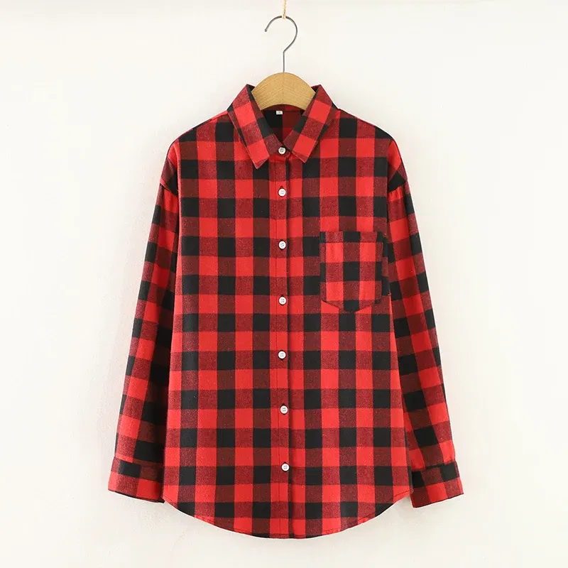 Color: Light Green, Size: M - Fresh Flannel Plaid Shirt Women 2025 New Female Blouses and Tops Cotton Loose Long Sleeve Casual Shirts Fine Women's Clothes