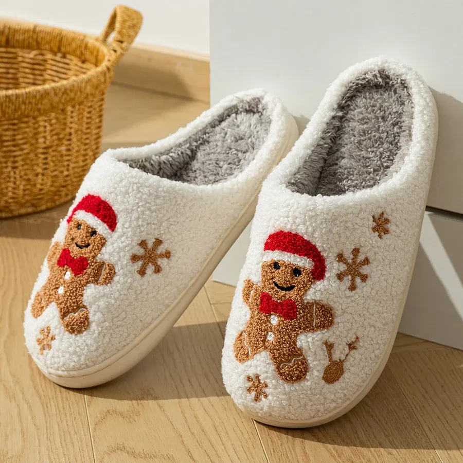 Color: WHITE, Shoe Size: 41-42 - Women Christmas Gingerbread Man Cute Winter Warm Slippers Exquisite Comfy Houseshoes Bedroom Soft Sole Home Shoes for Gift