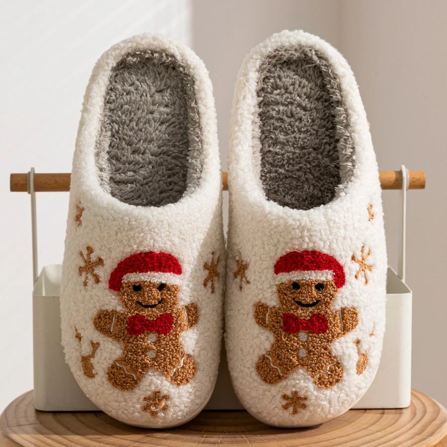 Color: WHITE, Shoe Size: 41-42 - Women Christmas Gingerbread Man Cute Winter Warm Slippers Exquisite Comfy Houseshoes Bedroom Soft Sole Home Shoes for Gift