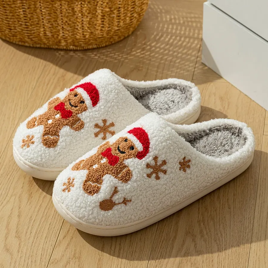 Color: WHITE, Shoe Size: 41-42 - Women Christmas Gingerbread Man Cute Winter Warm Slippers Exquisite Comfy Houseshoes Bedroom Soft Sole Home Shoes for Gift