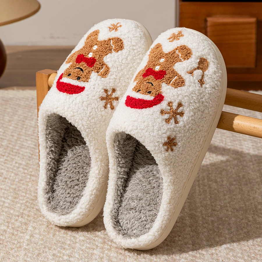 Color: WHITE, Shoe Size: 41-42 - Women Christmas Gingerbread Man Cute Winter Warm Slippers Exquisite Comfy Houseshoes Bedroom Soft Sole Home Shoes for Gift