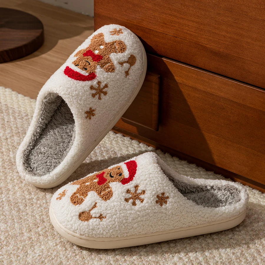 Color: WHITE, Shoe Size: 41-42 - Women Christmas Gingerbread Man Cute Winter Warm Slippers Exquisite Comfy Houseshoes Bedroom Soft Sole Home Shoes for Gift