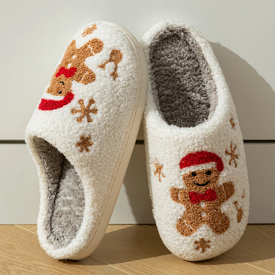 Color: WHITE, Shoe Size: 41-42 - Women Christmas Gingerbread Man Cute Winter Warm Slippers Exquisite Comfy Houseshoes Bedroom Soft Sole Home Shoes for Gift