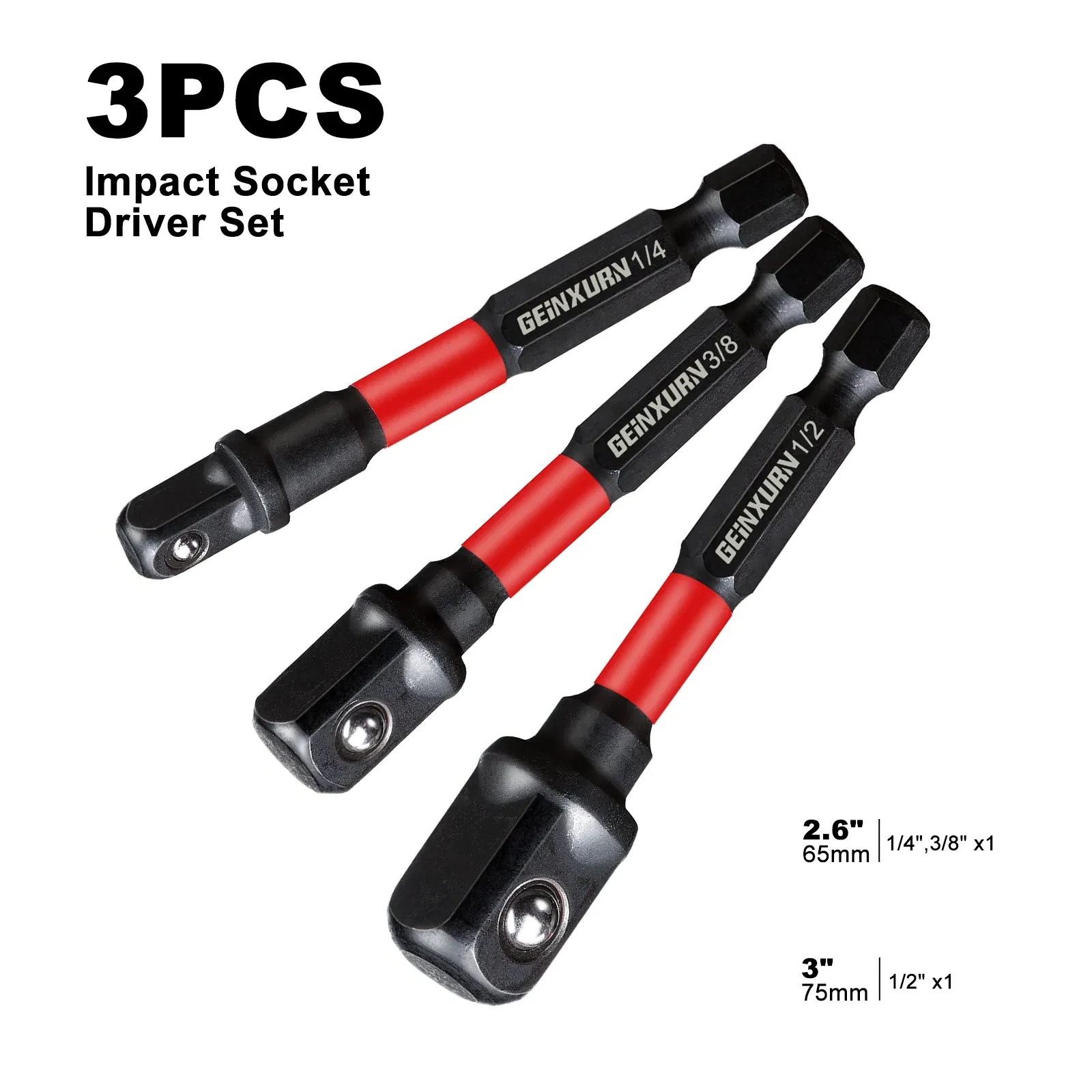 Color: Dark Red - Geinxurn Impact Socket Adapter Set,1/4"3/8"and1/2"Drive,Extension Bit with Holder,Adapt Power Drill to High Torque Impact Wrench