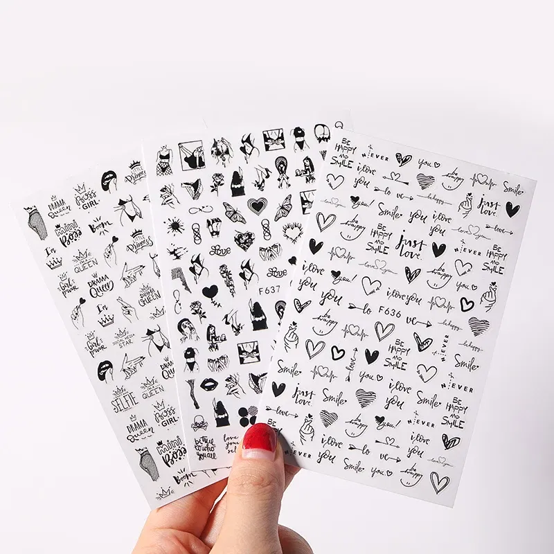 Color: Dark Grey - Heart Leaf Design 3D Nail Sticker Black White Transfer Stickers for Nails Sexy Girl Face Self-adhensive Slider Tip Abstract Wrap