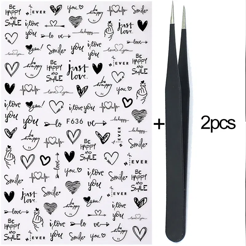 Color: Dark Grey - Heart Leaf Design 3D Nail Sticker Black White Transfer Stickers for Nails Sexy Girl Face Self-adhensive Slider Tip Abstract Wrap
