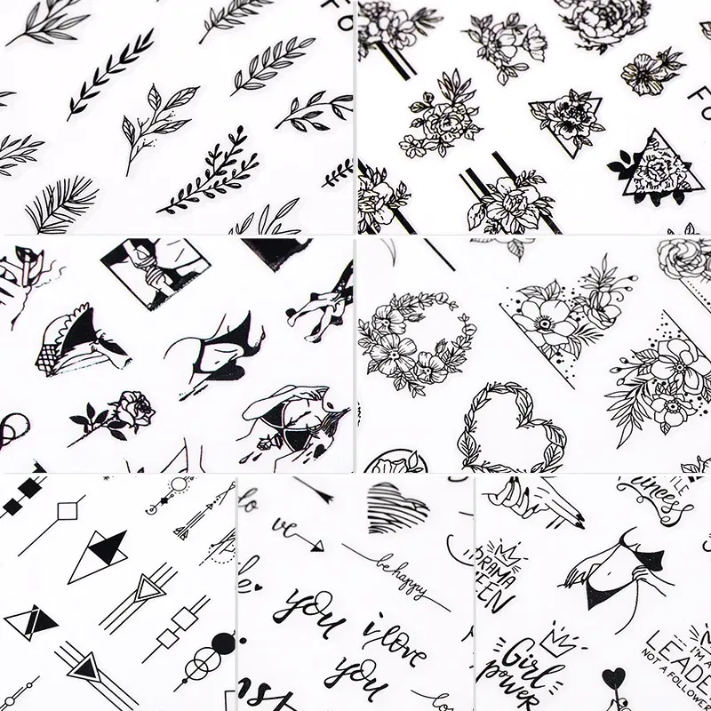 Color: Dark Grey - Heart Leaf Design 3D Nail Sticker Black White Transfer Stickers for Nails Sexy Girl Face Self-adhensive Slider Tip Abstract Wrap