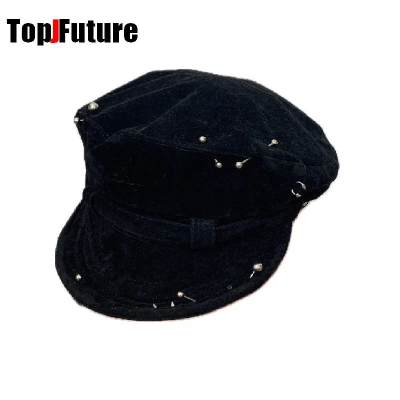 Color: black - Harajuku Gothic Women's Summer Hip Pop Cap Beret Hat Y2k Girl Punk Accessories puncture suede baseball Cap Sun Hat Newspaper hat