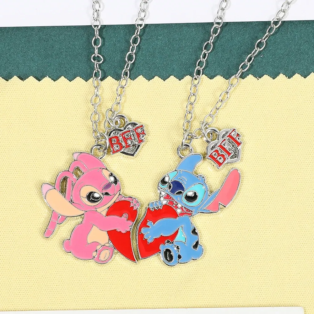 Metal Color: Blue Zinc Plated - Disney-Stitch Heart Necklace for Couple, Gold and Silver Color, Angel and Stitch, Cute Style , Jewelry Pendant, Gift for Girl, 1