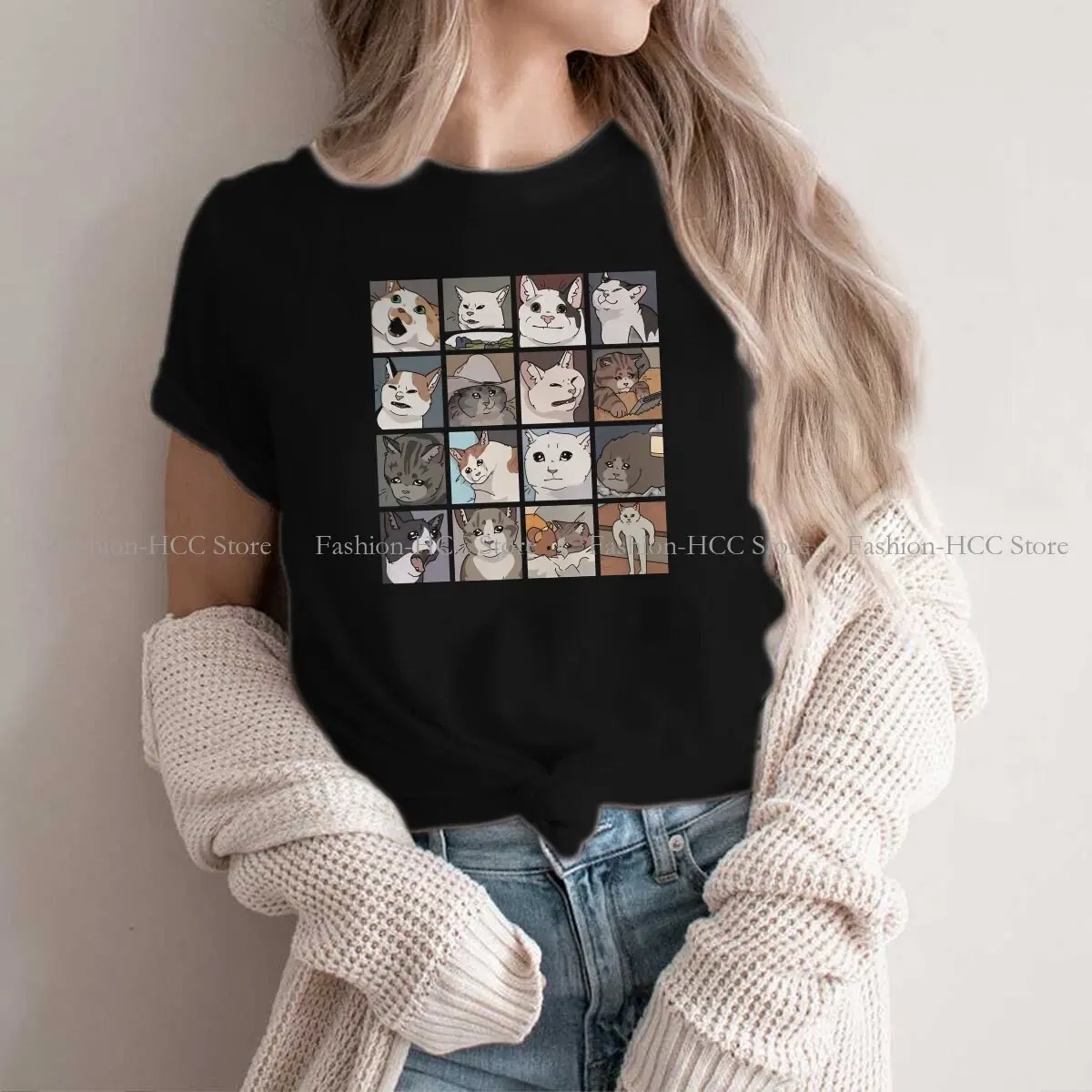 Color: black, Size: XXL - Meme O Neck TShirt Cat Classic T Shirt Woman's Tops New Design