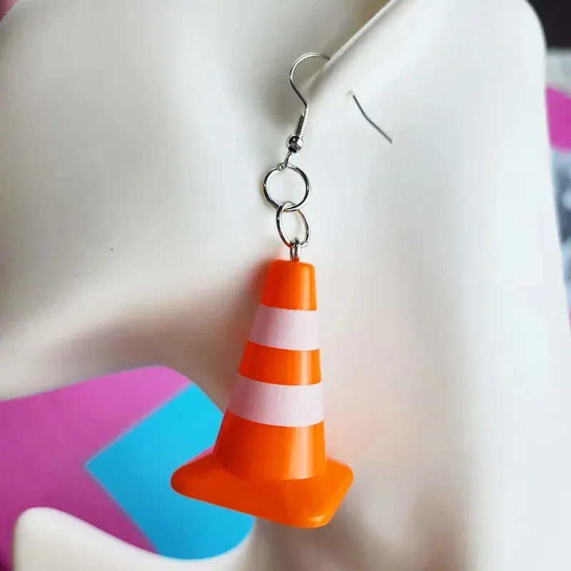 Metal Color: silver - Unique Orange Traffic Cone Safety Design Novel Earring Keychain - The Perfect Gift for A Friend!