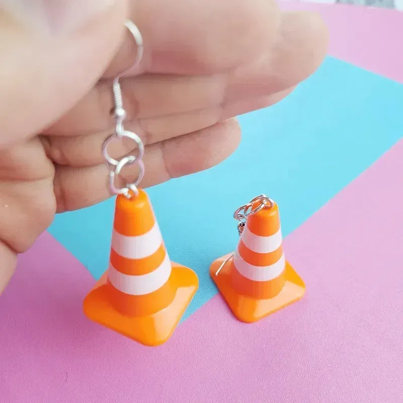 Metal Color: silver - Unique Orange Traffic Cone Safety Design Novel Earring Keychain - The Perfect Gift for A Friend!