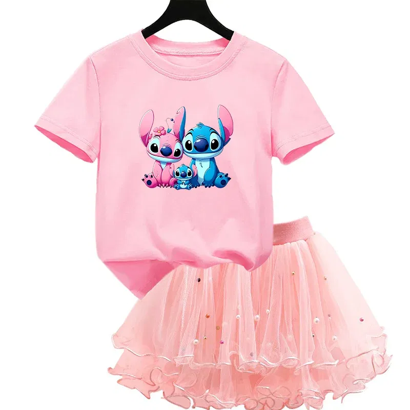 Color: Red, Kid Size: 5 - 2pcs Lilo Stitch Summer Girls Outfits Cartoon T-shirt and Tutu Skirt Princess Clothes Suit Children Birthday Clothing Sets