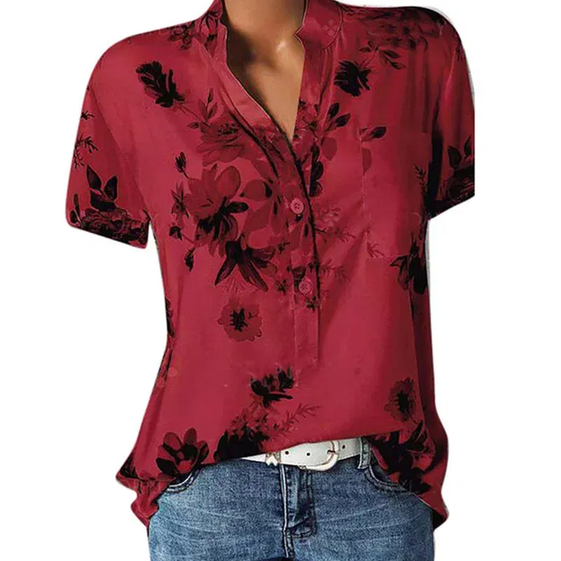 Color: Pink, Size: S - Temperament new women's shirt printing large size casual shirt loose V-neck short-sleeved shirt blouse