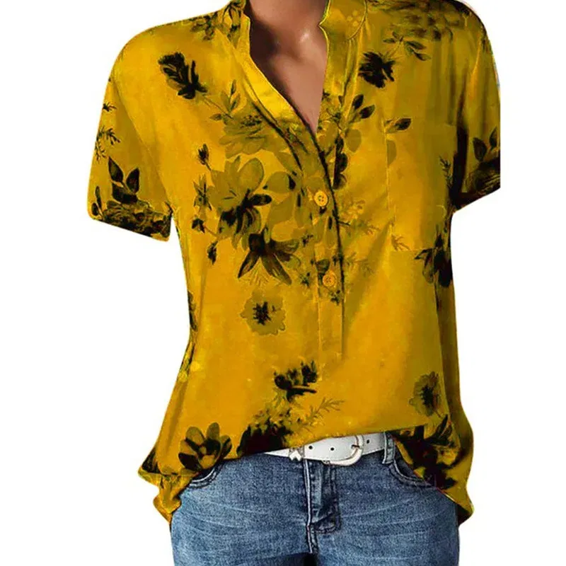 Color: Pink, Size: S - Temperament new women's shirt printing large size casual shirt loose V-neck short-sleeved shirt blouse