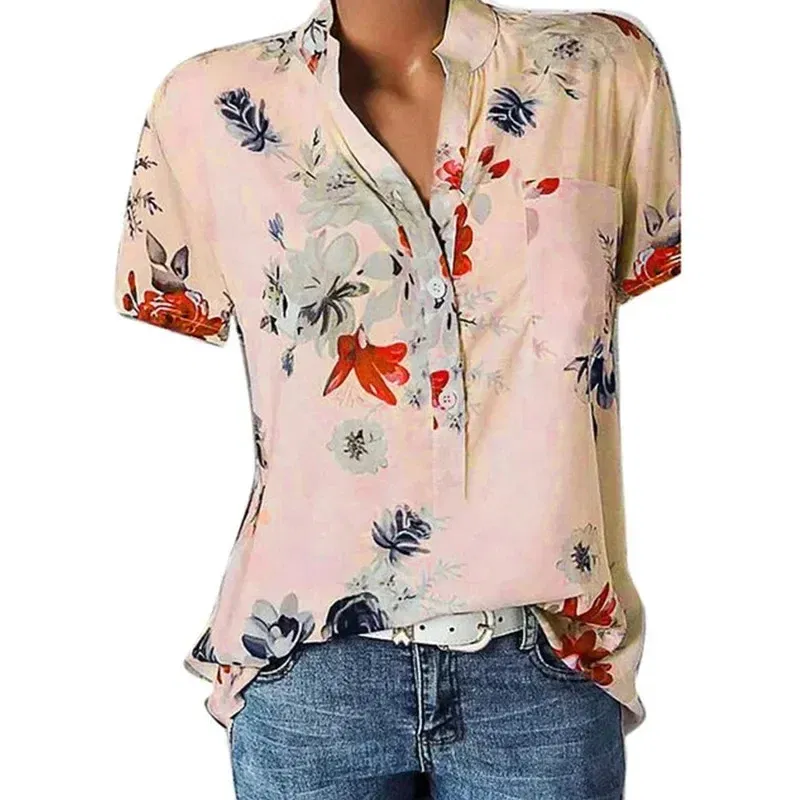 Color: Pink, Size: S - Temperament new women's shirt printing large size casual shirt loose V-neck short-sleeved shirt blouse
