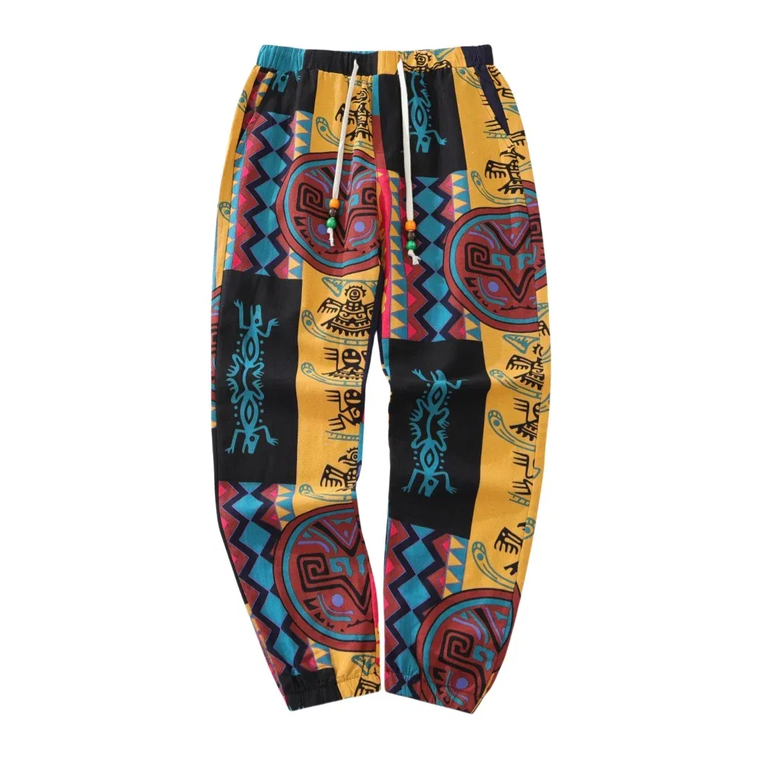 Color: SKY BLUE, Size: S - Mens Boho Tribal Print Stretch Linen Pnats Cotton Blend Drawstring LightWeight Trousers with Pockets Summer Jogger Pants
