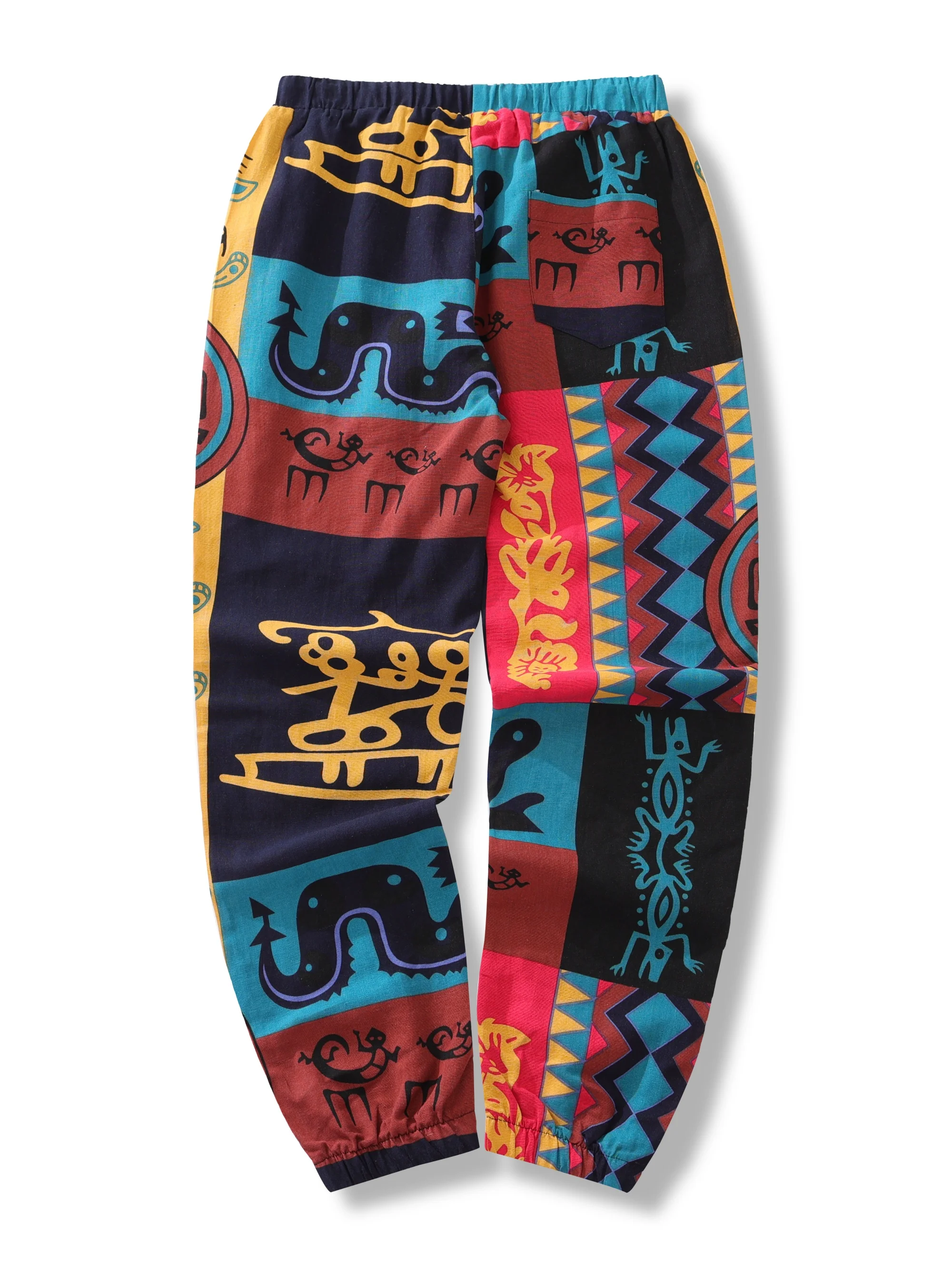 Color: SKY BLUE, Size: S - Mens Boho Tribal Print Stretch Linen Pnats Cotton Blend Drawstring LightWeight Trousers with Pockets Summer Jogger Pants