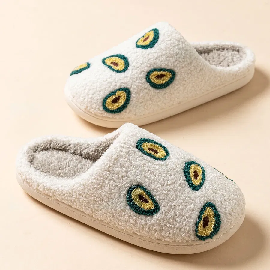 Color: Red, Shoe Size: 4 - Cute Avocado Women Slippers Winter Warm Indoor Fruit Cartoon Funny Soft Non-slip Slipper Cherry Strawberry Comfy Cotton Shoes