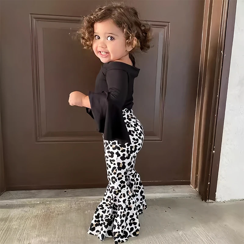 Color: black, Kid Size: 6T - 2pcs Baby Girl Clothes Sets Black Pullover Top + Leopard Print Bell-Bottoms Autumn Children's Clothing For 2 3 4 5 7 8 Years Old