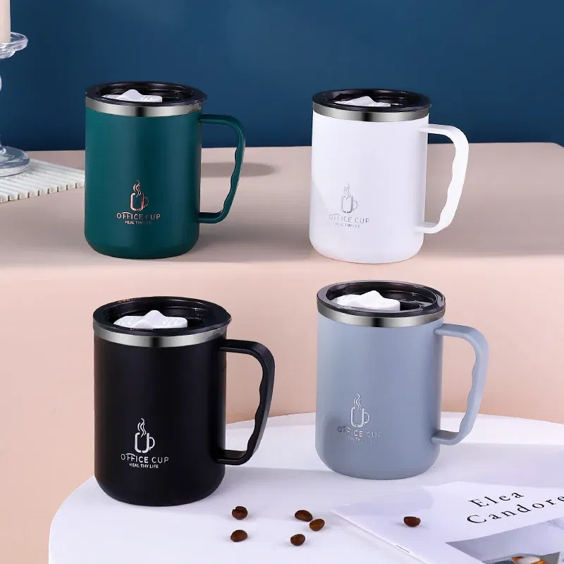 Color: Light Grey, Capacity: 401-500ml - 500ml/17oz 304 Stainless Steel Water Bottle Double Layers Coffee Mug Milk Cup With Plastic Lid And Handle