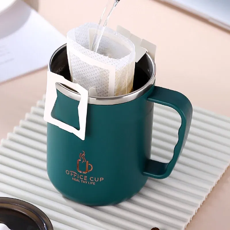 Color: Light Grey, Capacity: 401-500ml - 500ml/17oz 304 Stainless Steel Water Bottle Double Layers Coffee Mug Milk Cup With Plastic Lid And Handle