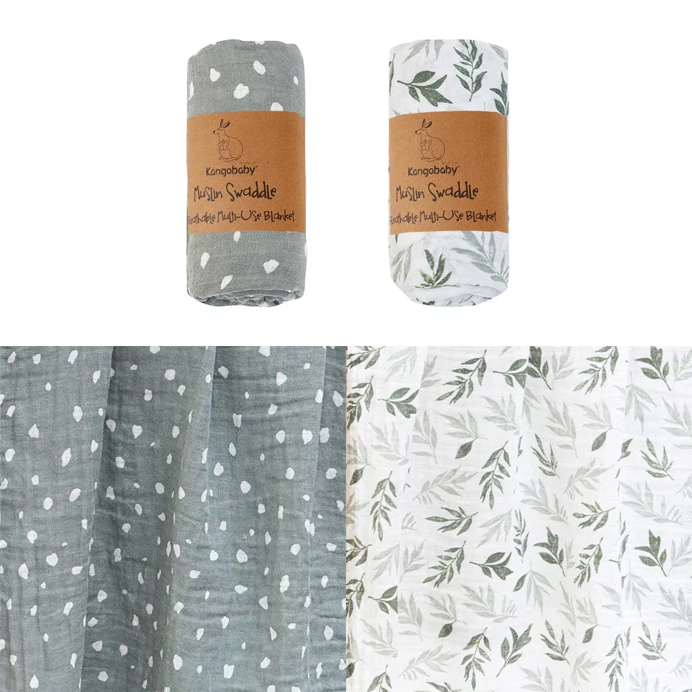 Color: Dark Green - Kangobaby New Design 2pcs Set Double Layers 100% Cotton Newborn Baby Muslin Swaddle Blanket