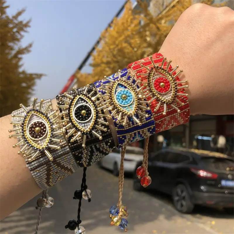 Metal Color: Vermeil - ALIYA Miyuki Beads Evil Eye Bracelet Bohemian Mujer Pulseras Moda Women Armband Jewelry Handmade Braided Bracelet Wholesale