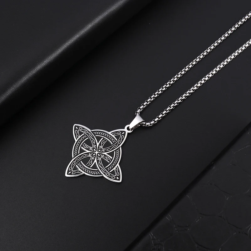 Metal Color: cobalt violet - Stainless Steel Silver Color Pattern Witch Knot Pendant Necklace Celtic Knot Lucky Jewelry Gift for Friends Family
